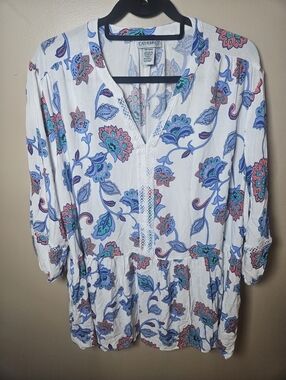 Catherine's White Floral Vneck 3/4 Sleeve Rayon Blouse Plus Size 3X Spring Light